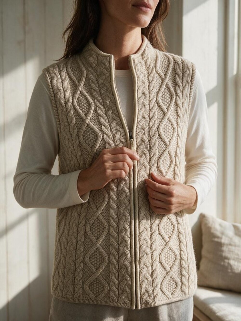 Orvis Cream Cable Knit Full Zip Sweater Vest Size M